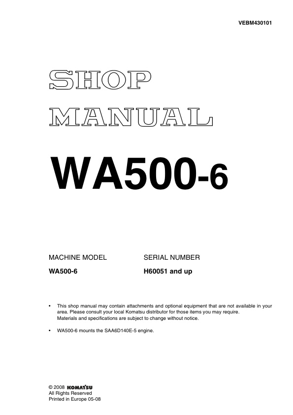 page_1 Service manual Komatsu WA500-6 H60051 & Up | VEBM430101
