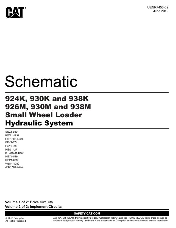 1 Schematic Caterpillar 924K, 930K & 938K, 926M, 930M & 938M Small Wheel Loader Hydraulic System | UENR7453-02