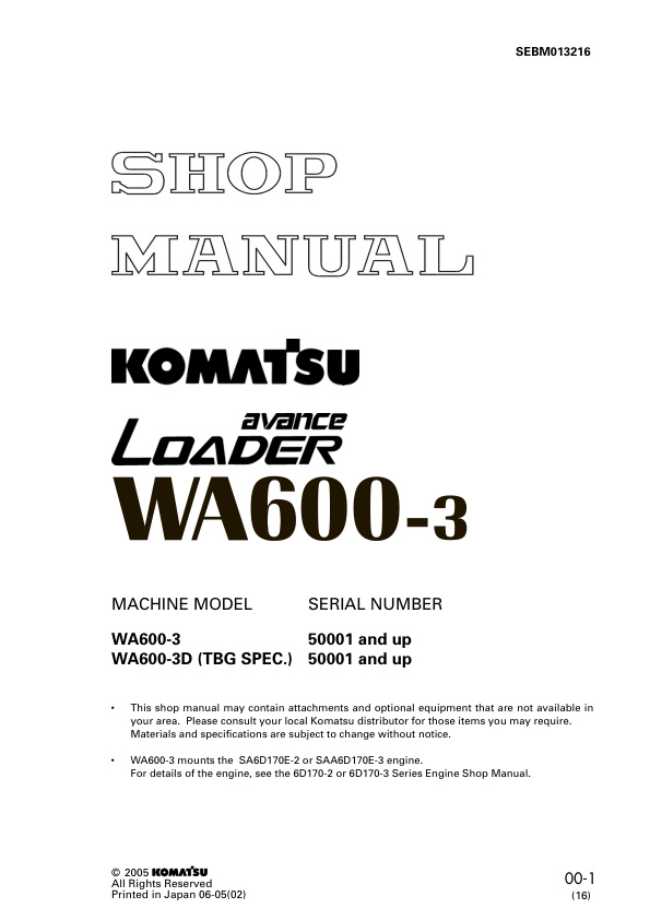 page_1 Service manual Komatsu WA600-3, WA600-3D 50001 & Up | SEBM013216
