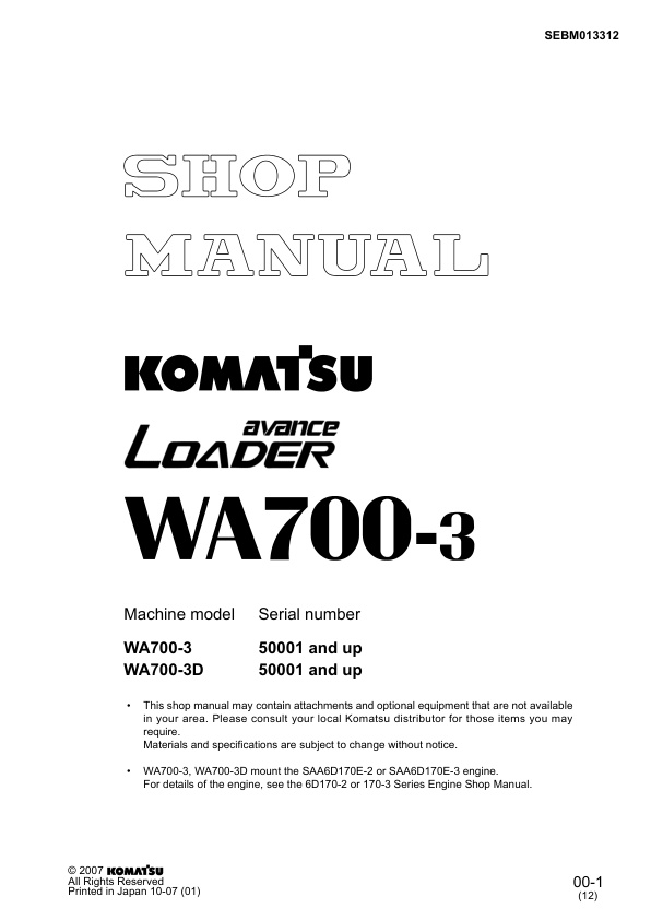 page_1 Service manual Komatsu WA700-3, WA700-3D 50001 & Up | SEBM013312